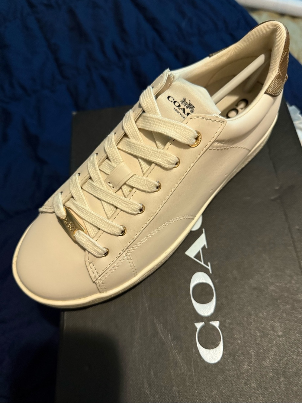 Coach Cream Leather Low-Top Sneakers with Gold Accents